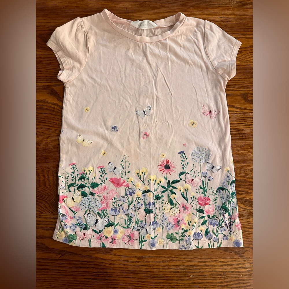 H&M Girls Youth Pink Flower Spring Short Sleeve Shirt Size 8-10 School Summer